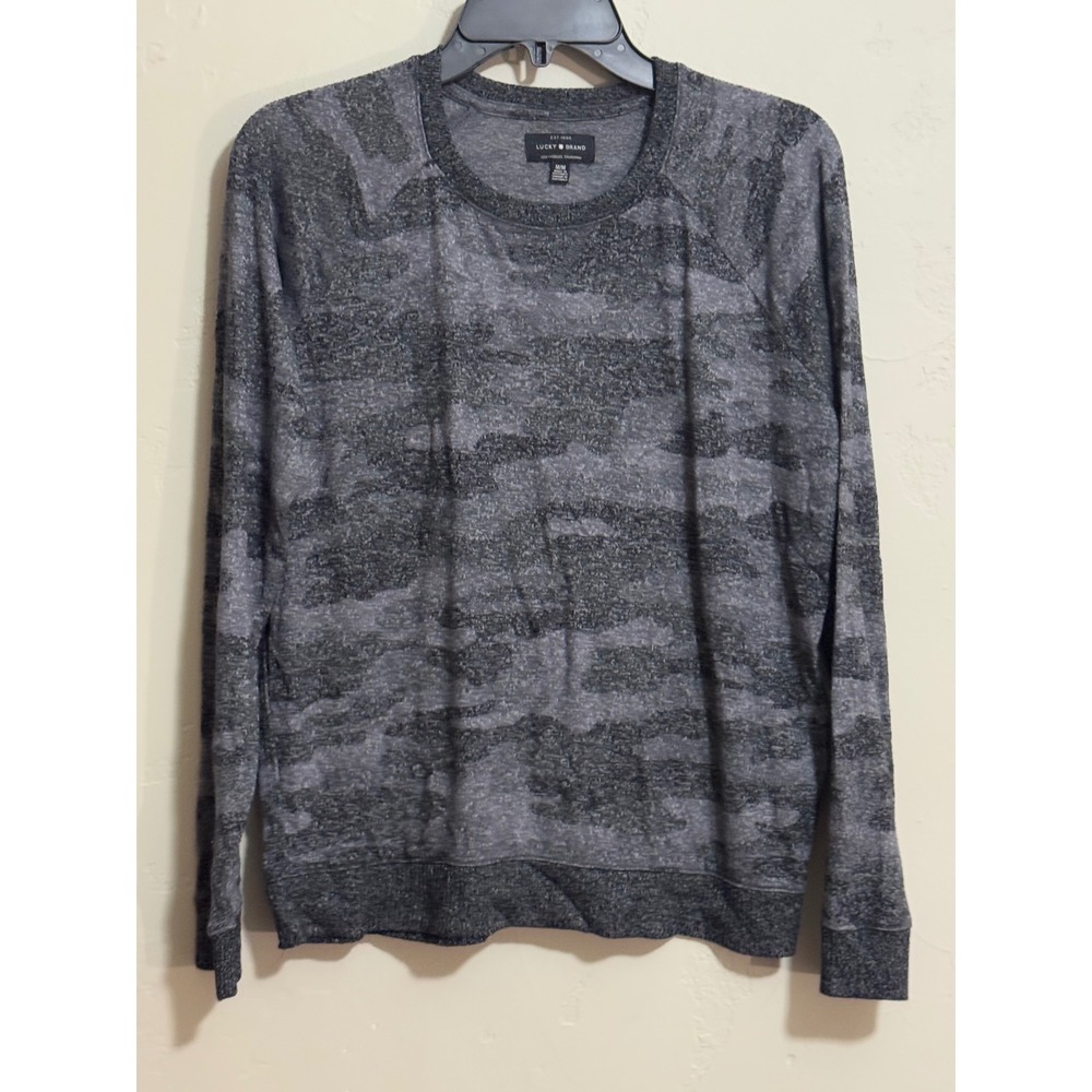 Lucky Brand Shirt M Gray Camo Crewneck Long Sleeve Knit Top